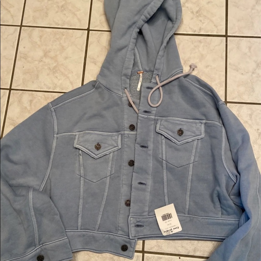 Free People Dusty Blue Hooded Cropped Jacket